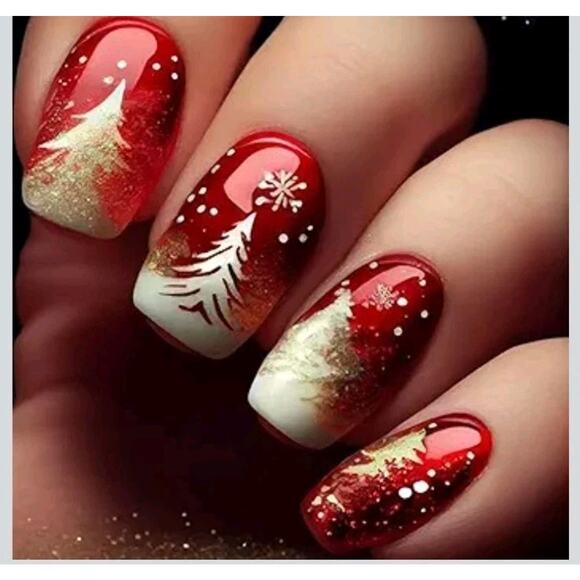 Christmas Press on Nails Medium Square SWEKKE Red & Gold Fake Nails Winter False - Picture 1 of 5